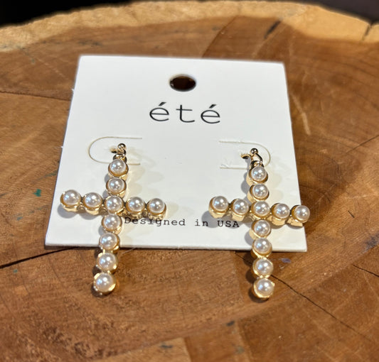 Medium Pearl Cross Earrings in Gold