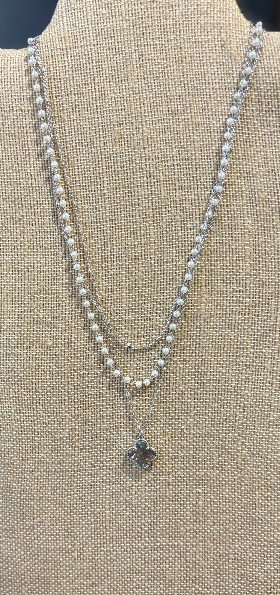 Triple Strand Pearl & Clover Necklace
