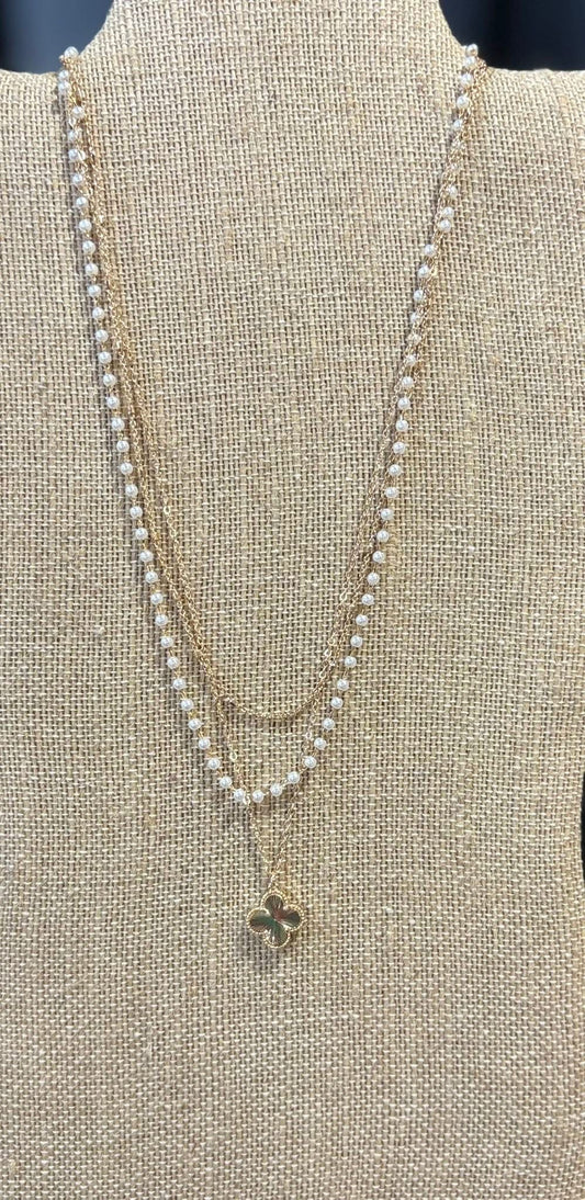 Triple Strand Pearl & Clover Necklace