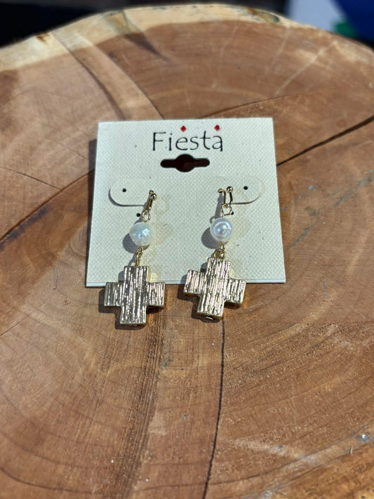Small Pearl & Gold Cross Dangle Earring